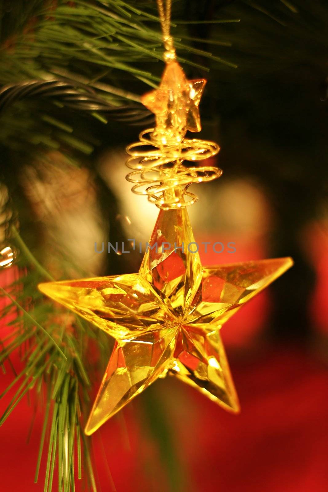 Golden star hanging on Christmas tree.