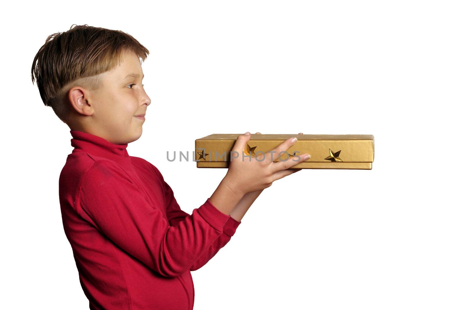 Child giving/holding a golden giftbox.