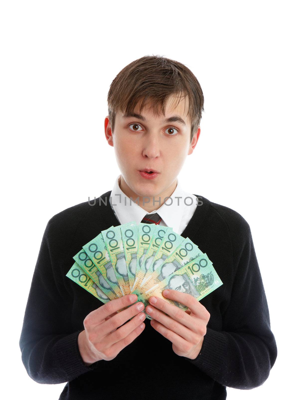 An excited student or a young worker holding a fan of 100 banknotes.  Concept for fundraising, school fees, wages, savings, winnings, student loans, scholarship etc.  White background.