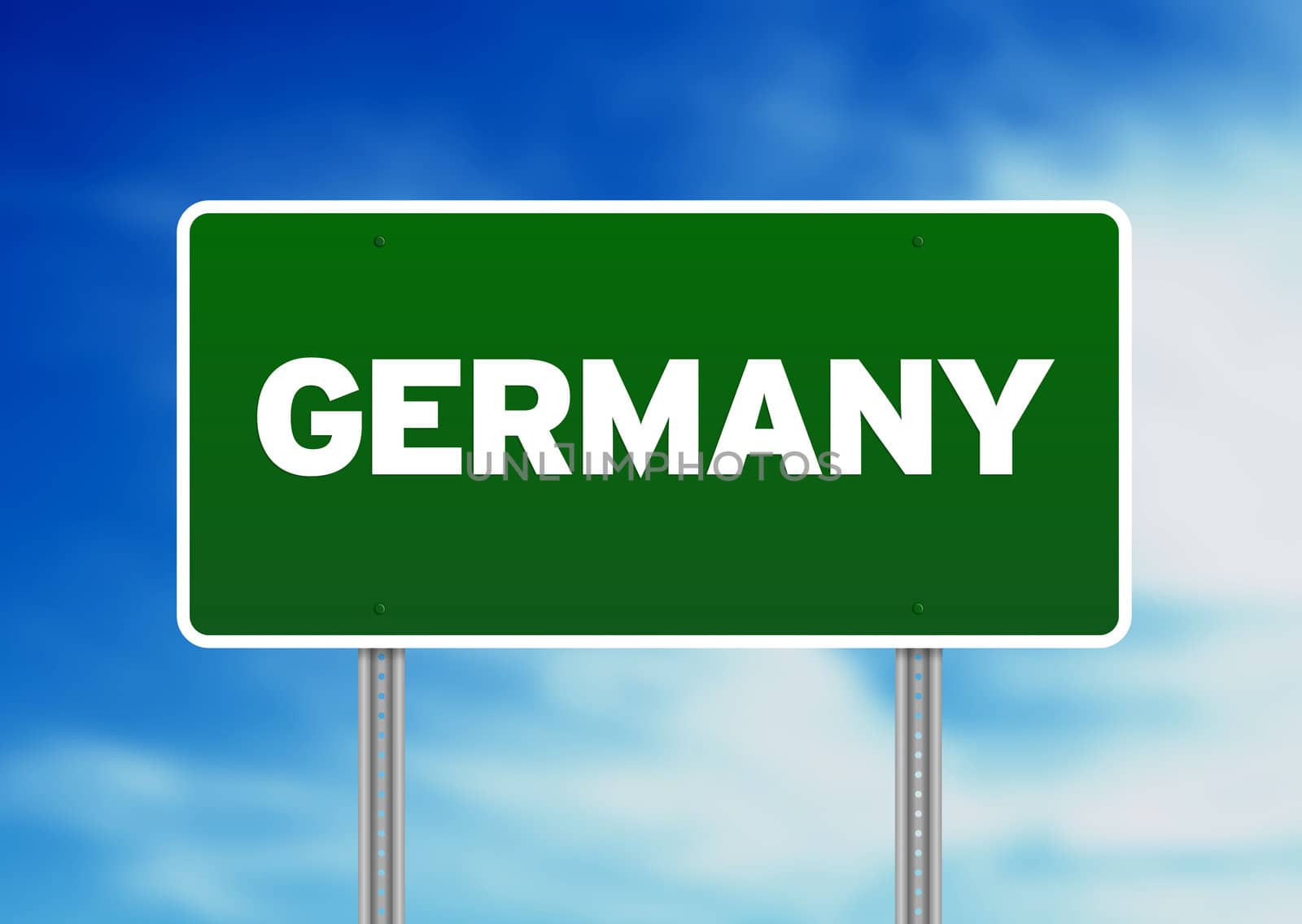 Green Germany highway sign on Cloud Background. 
