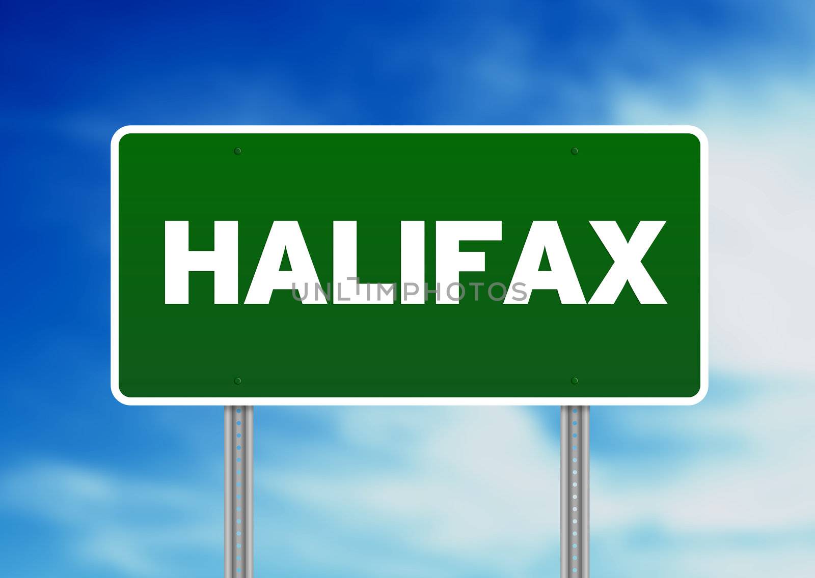 Green Halifax highway sign on Cloud Background. 