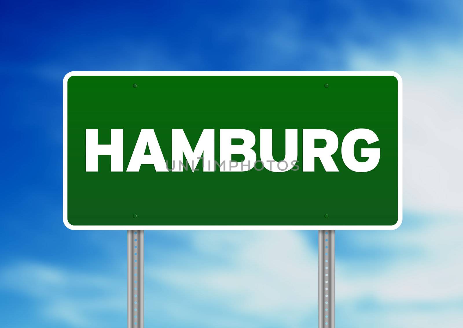 Green Hamburg highway sign on Cloud Background. 