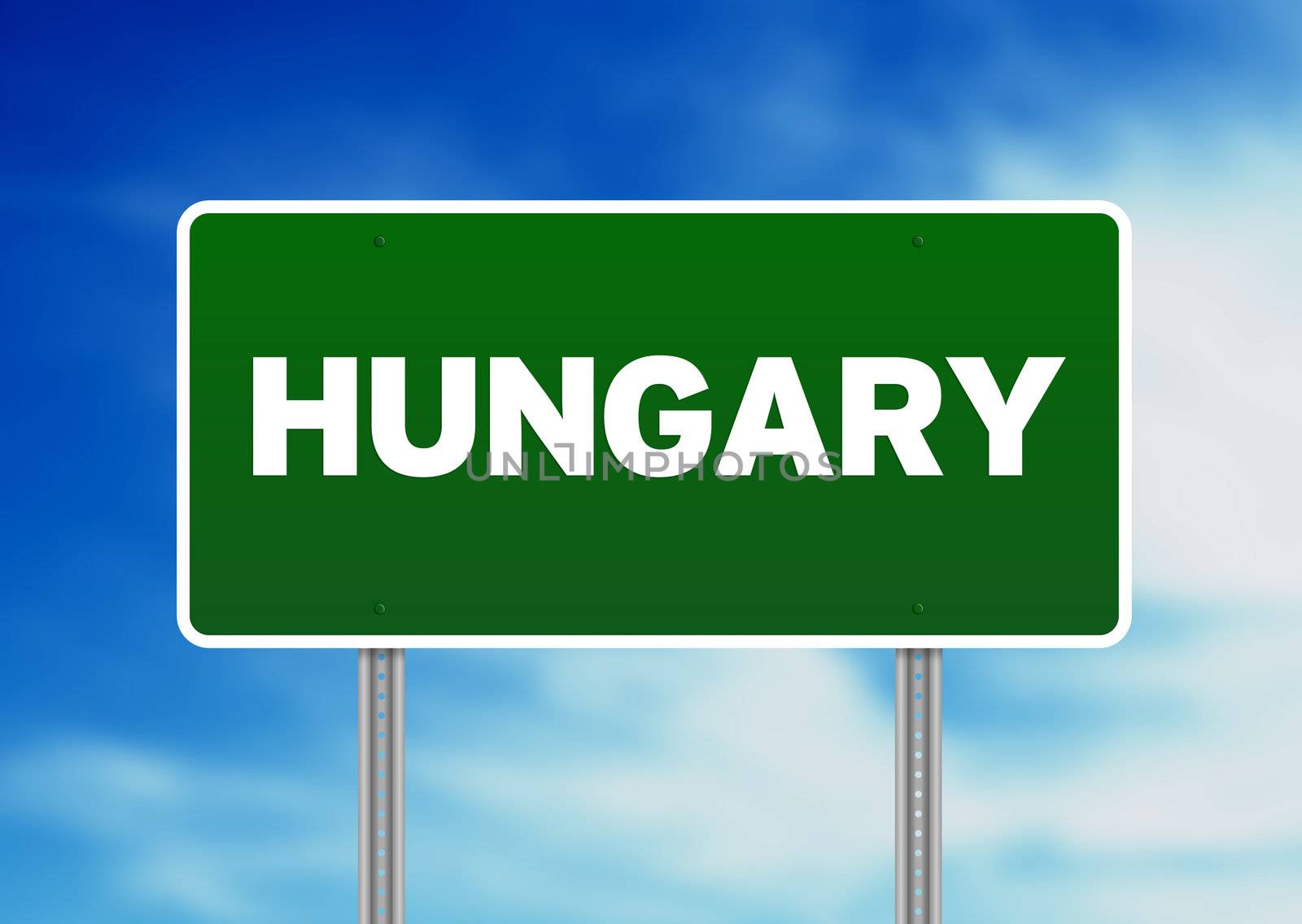 Green Hungary highway sign on Cloud Background. 