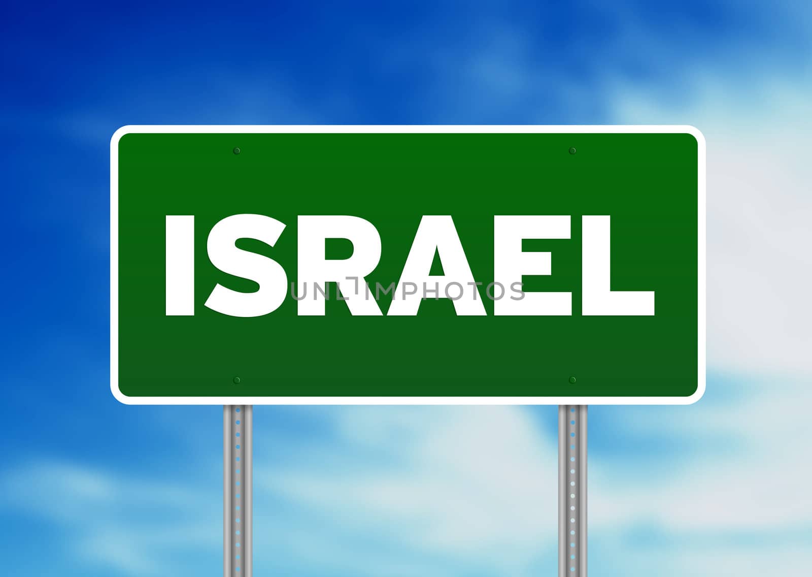 Green Israel highway sign on Cloud Background. 