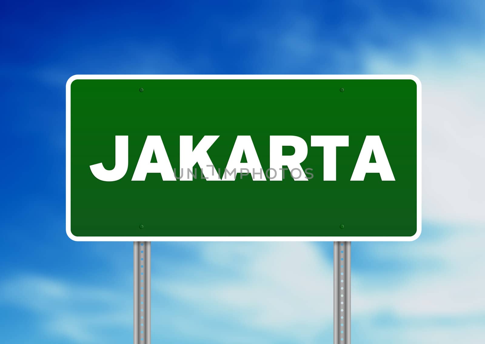 Green Jakarta highway sign on Cloud Background. 