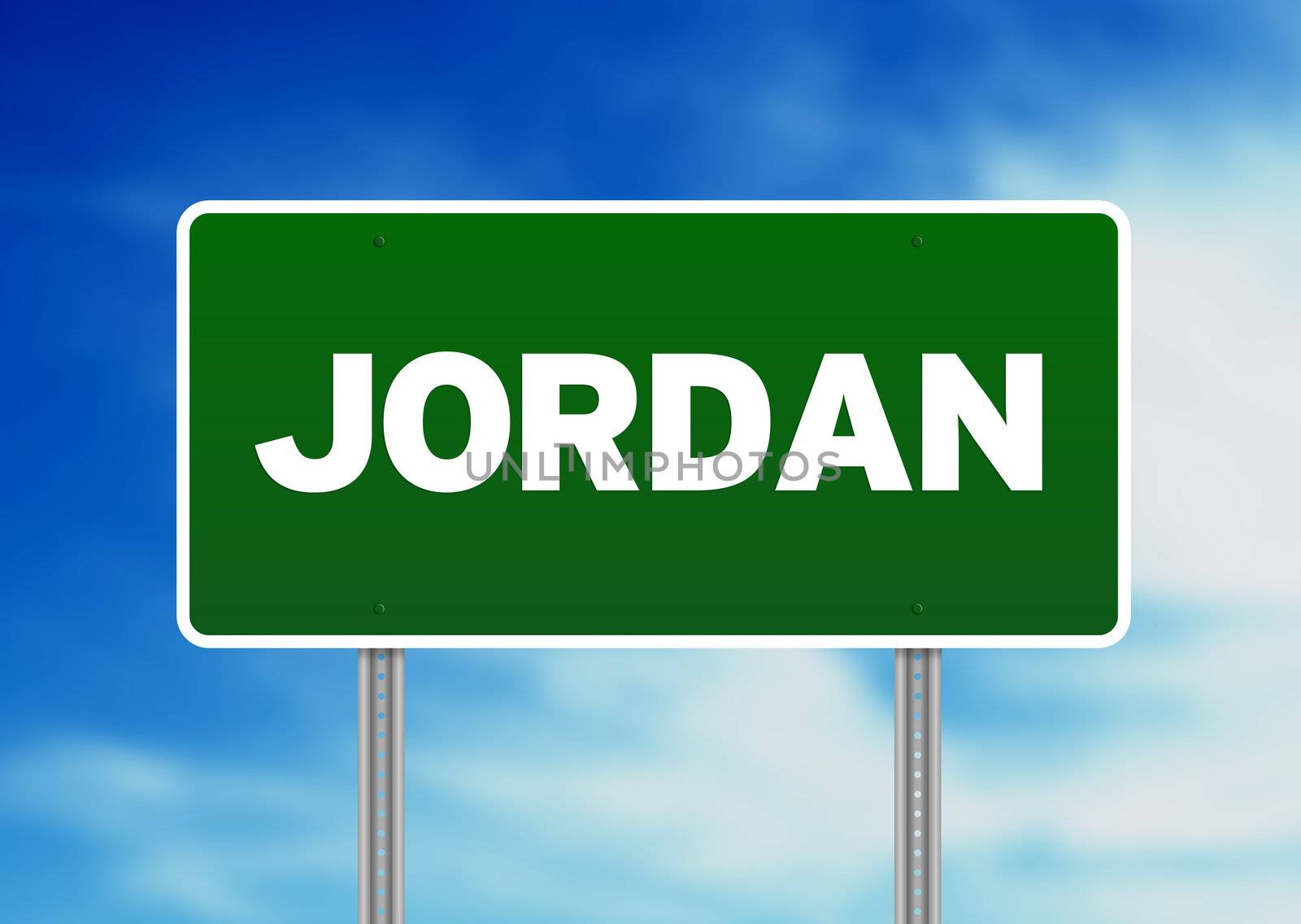 Green Jordan highway sign on Cloud Background. 