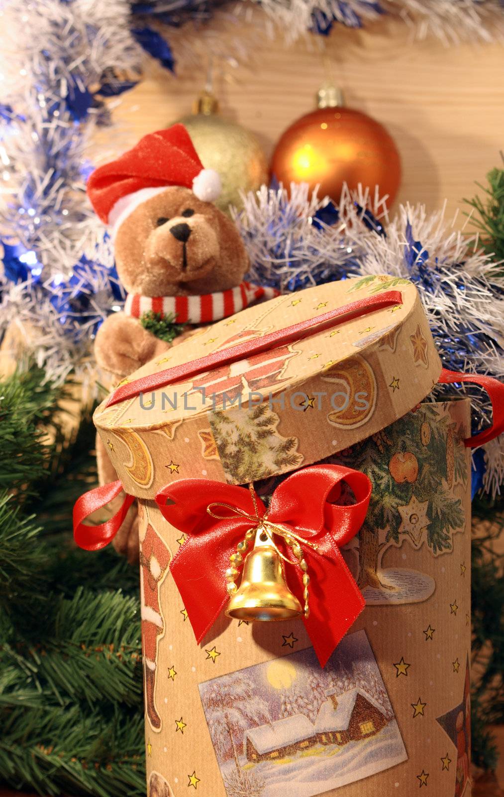 Vintage gift box on background with christmas decoration