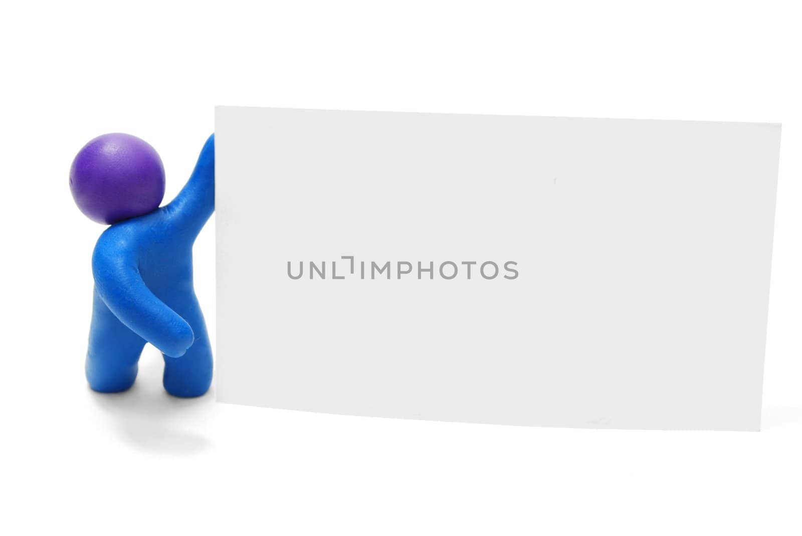 3D Plasticine Person with Blank Advertisement Card Isolated on White Background