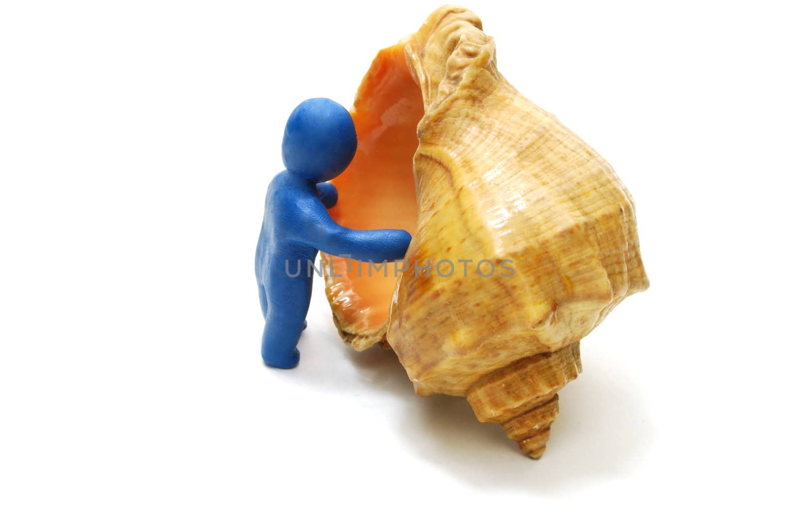 3D Man of Plasticine Stepping into Shell Isolated on White
