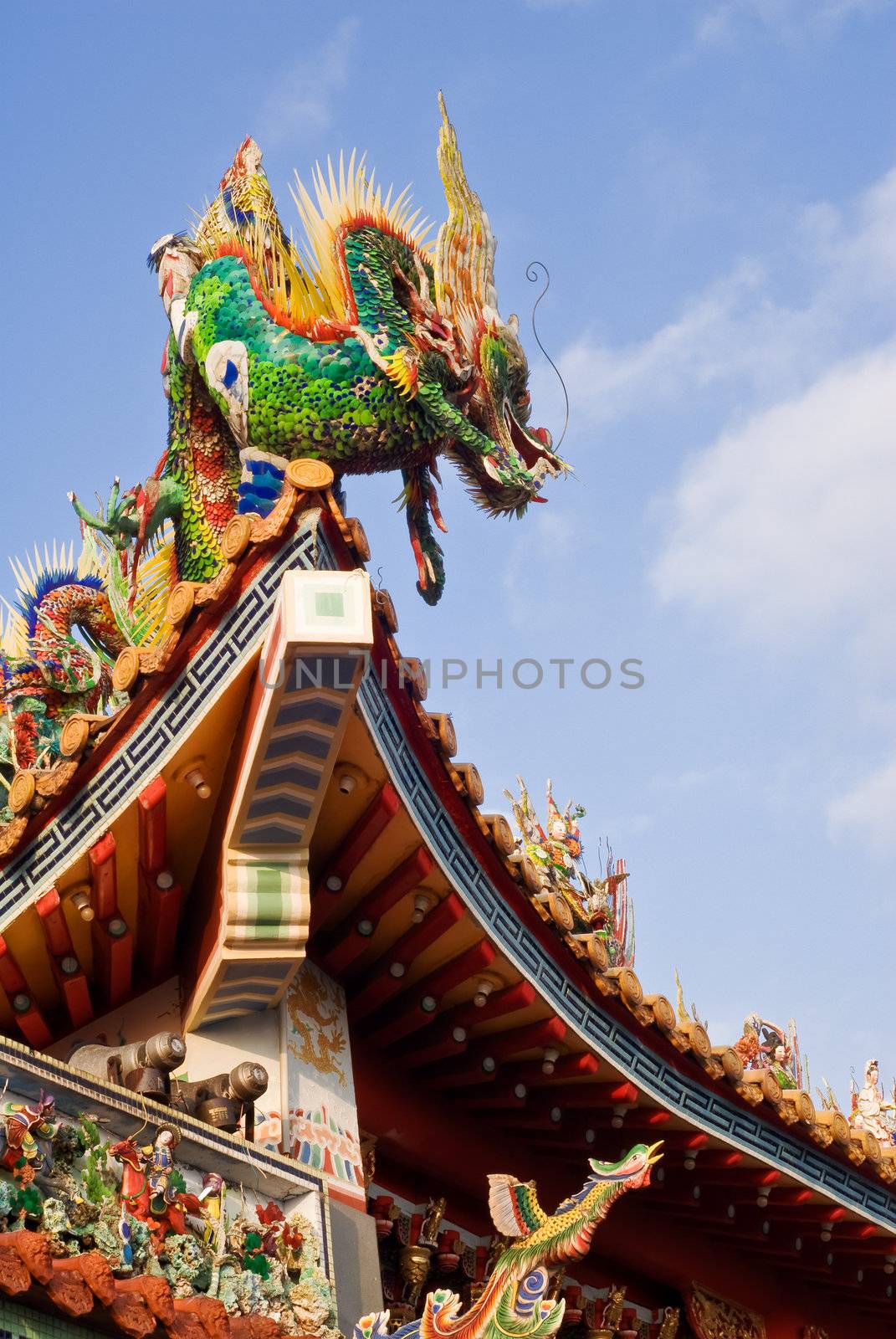 Chinese classic dragon of religious carving in roof of traditional temple building.