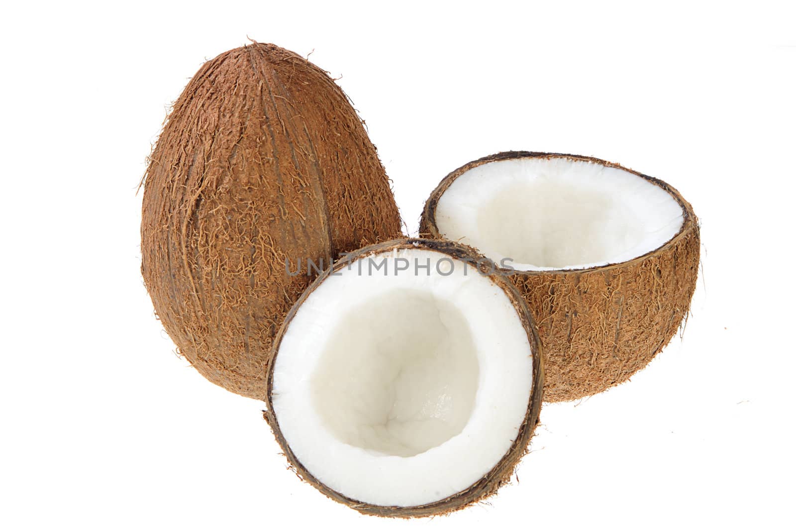 Broken coconut on white background