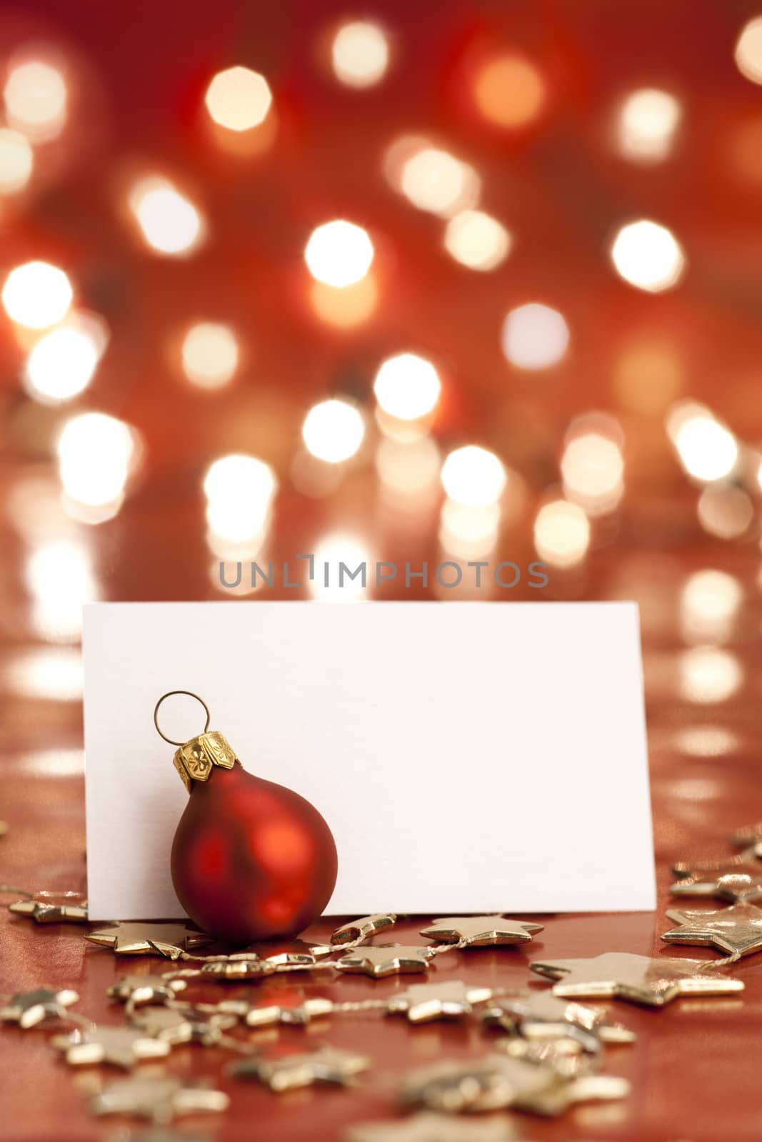 Christmas decoration with blank card. Selective focus, aRGB.