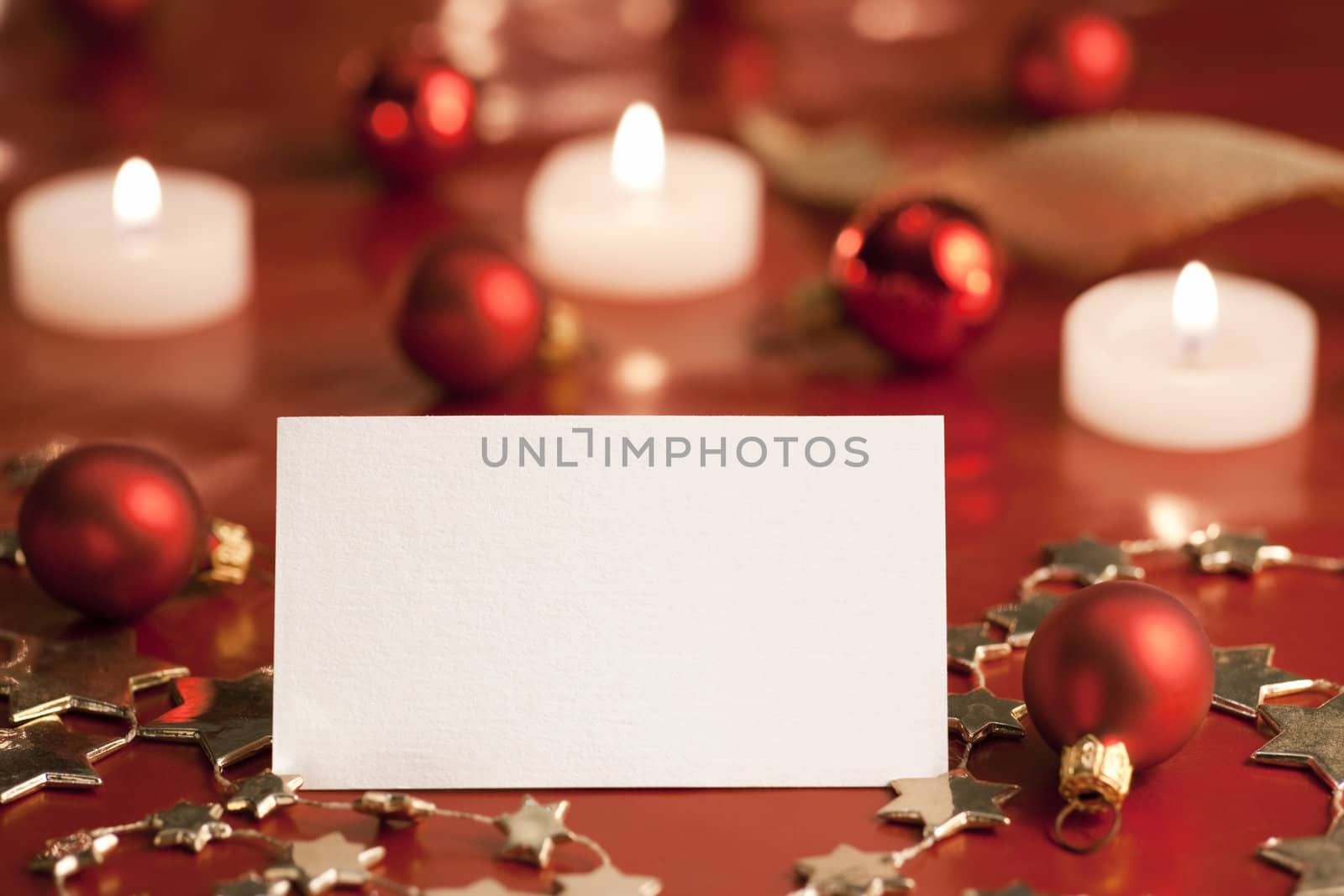 Christmas decoration with blank card. Selective focus, aRGB.