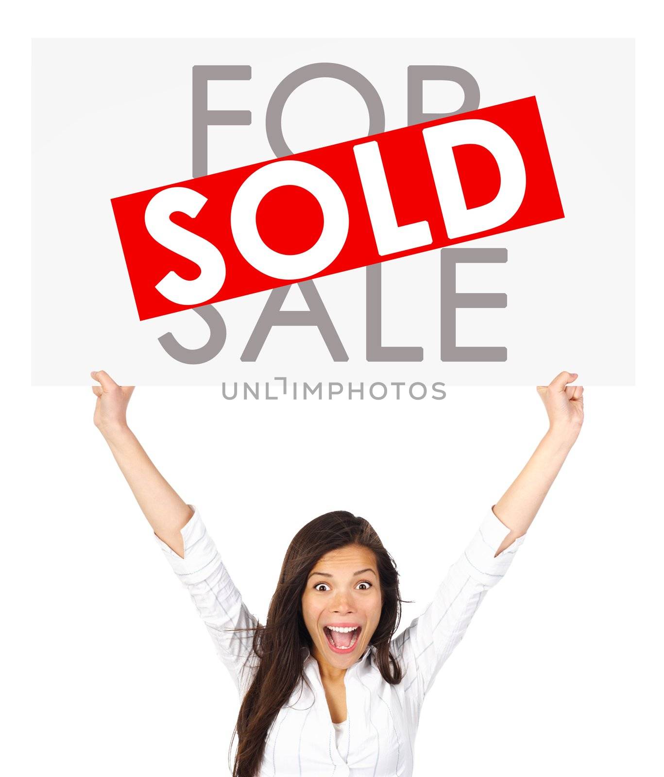 Young successful mixed race asian / caucasian real estate agent or owner holding a for sale sign for a sold house. Isolated on white background.