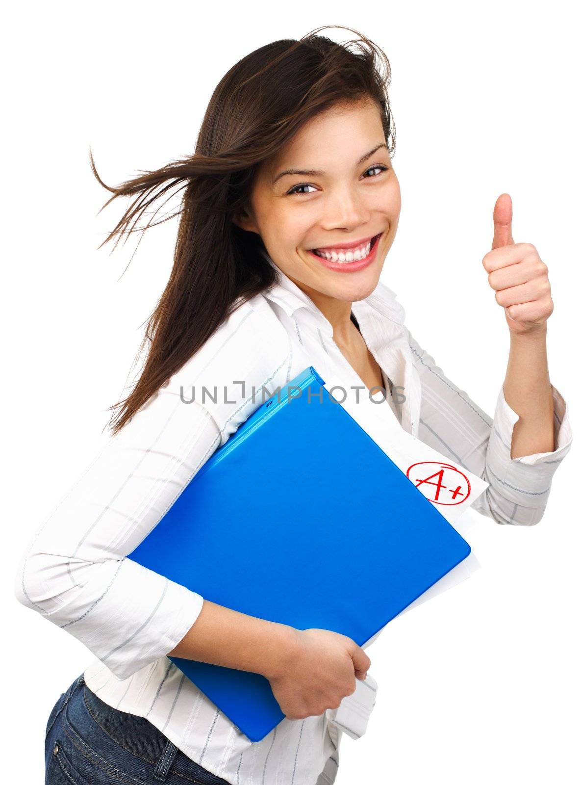 Young woman happy of her top grade doing a thumb up. Isolated on white background.