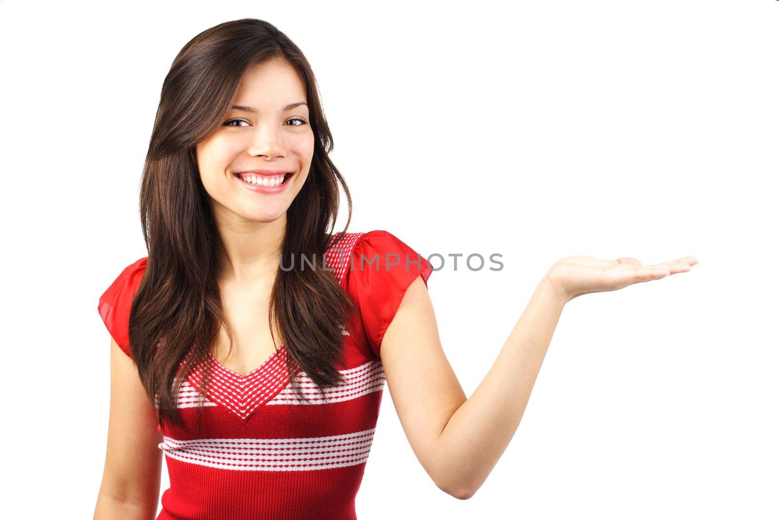 young asian girl holding palm to show copy space. Isolated on white background.