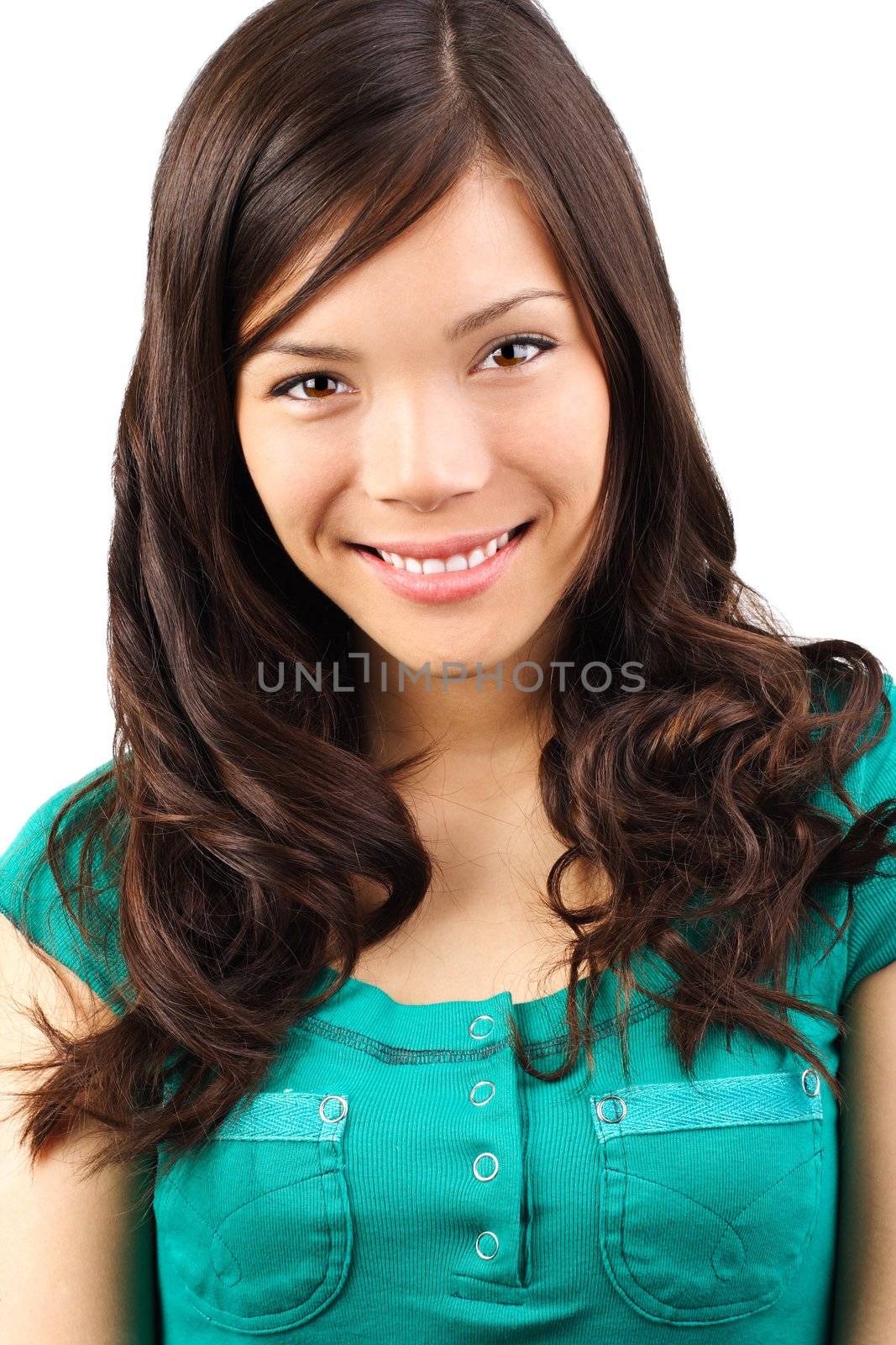 Beautiful smiling mixed asian / caucasian woman. Isolated on white