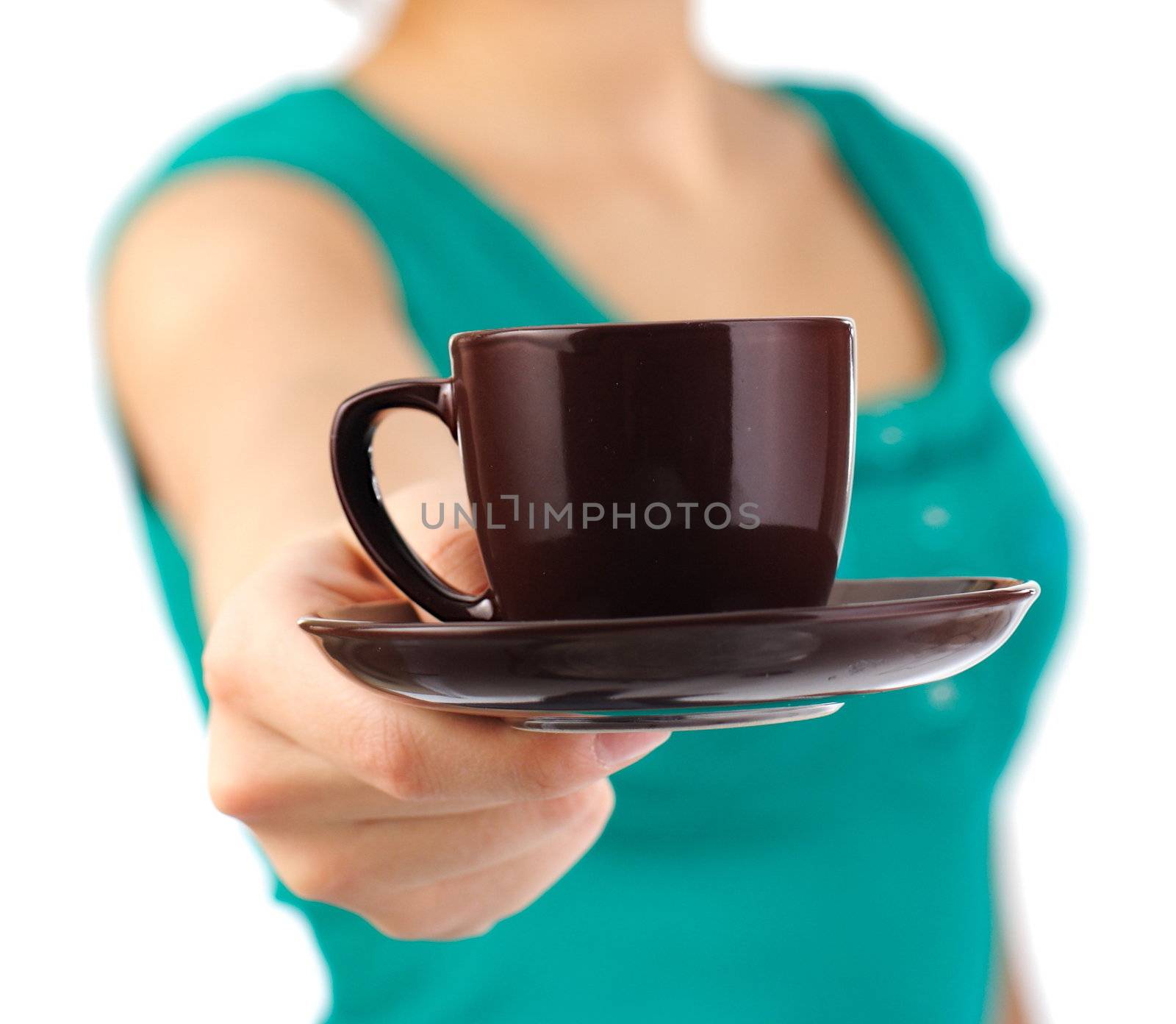 Waitress serving you a coffee. Iconic simple image. Isolated on white background. Shallow depth of field, focus on cup.