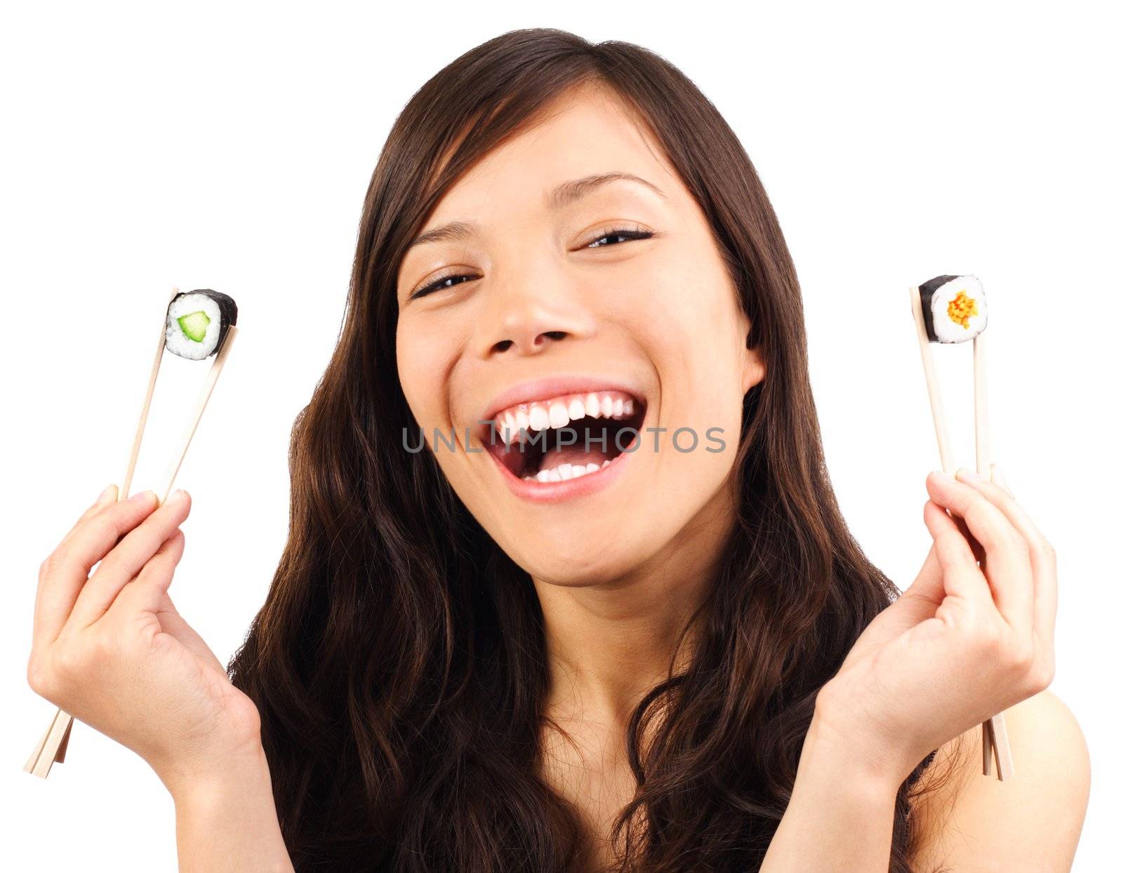 Sushi. Woman laughing and having fun with sushi. Beautiful model isolated on white background.