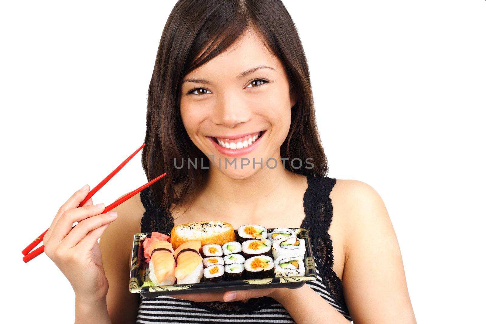 Sushi. Woman eating take away sushi closeup. Beautiful smiling model isolated on white background.
