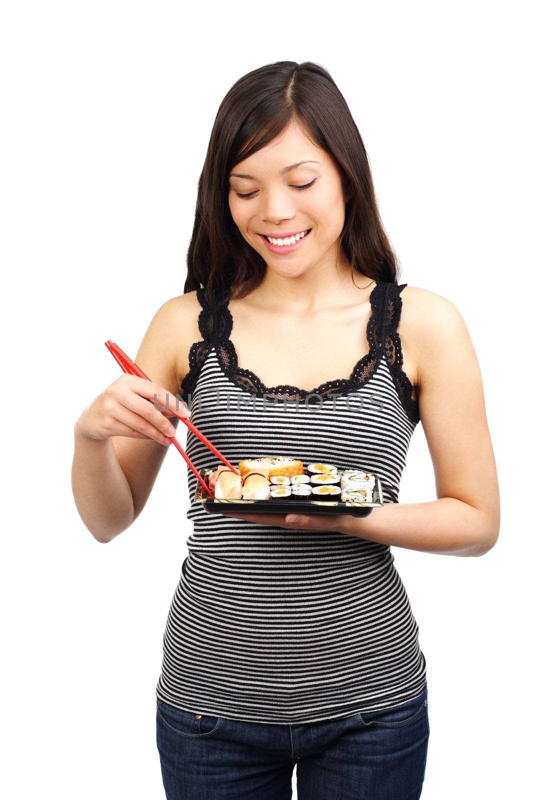 Sushi. Woman eating take away sushi. Beautiful model isolated on white background.