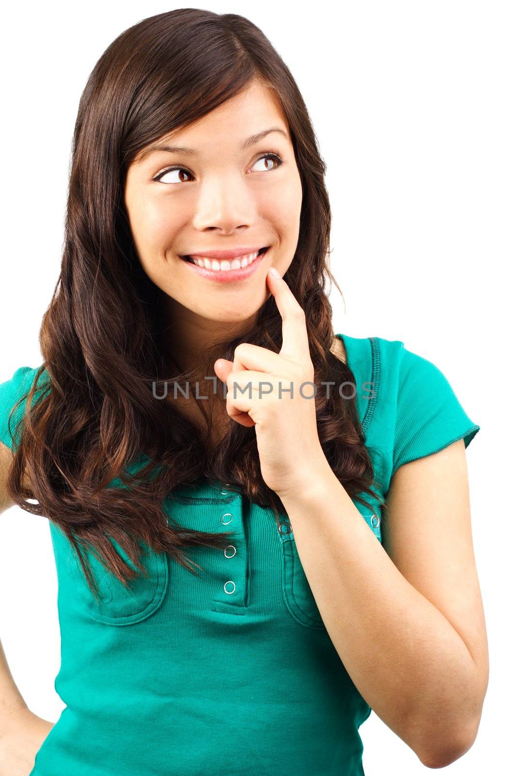 cute mixed race woman thinking while looking up. Beautiful mixed race chinese / caucasian woman isolated on white.