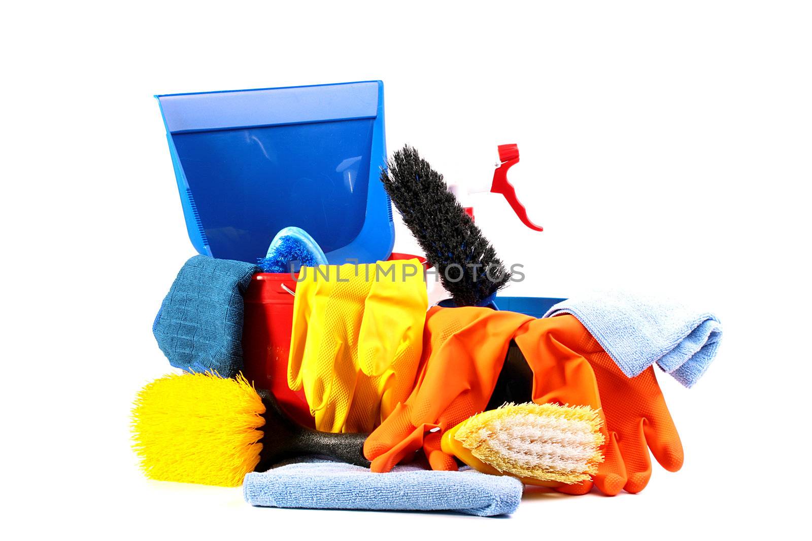 Brushes, a bucket, a spray of water and a rag for cleaning service.