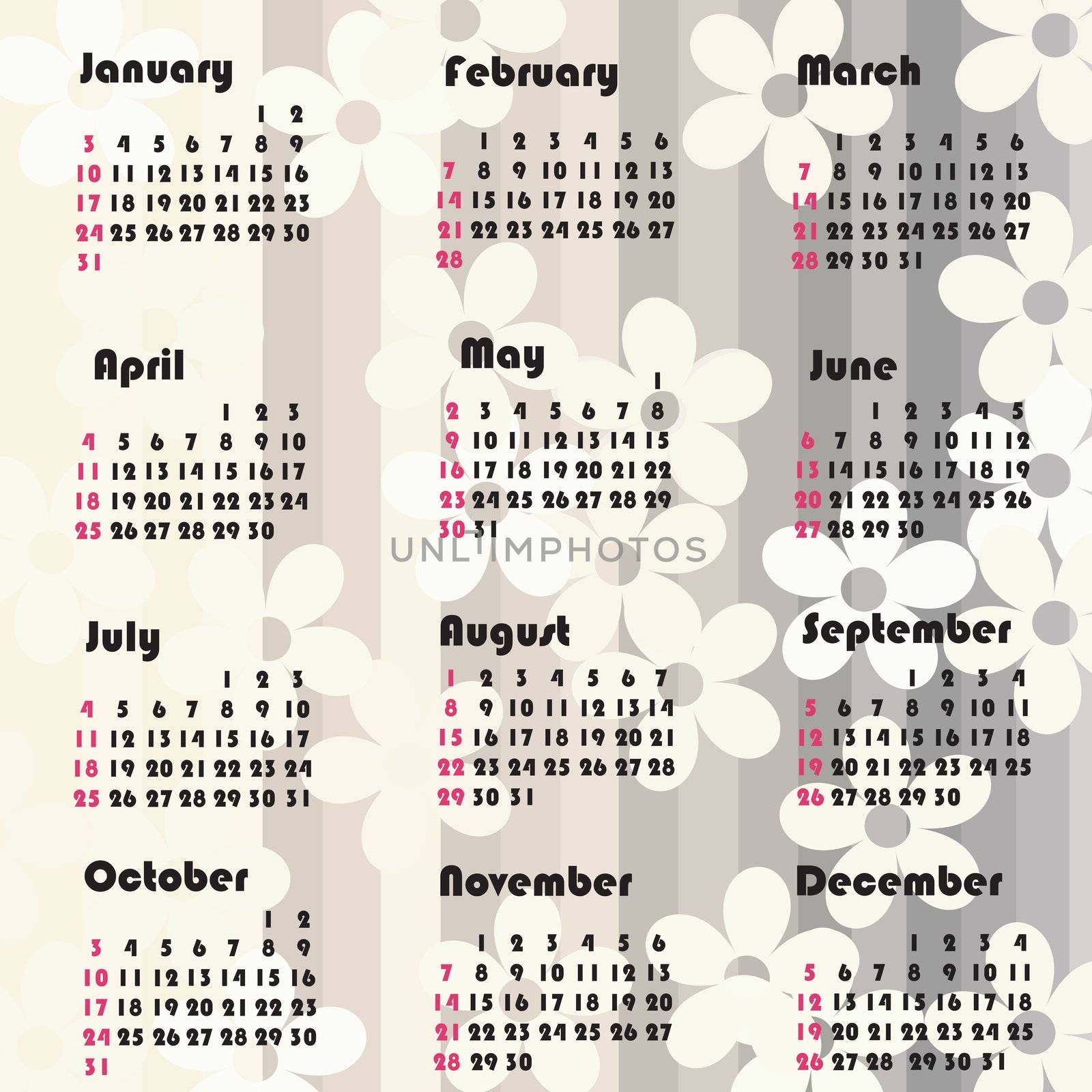 2010 Floral calendar with stripes background