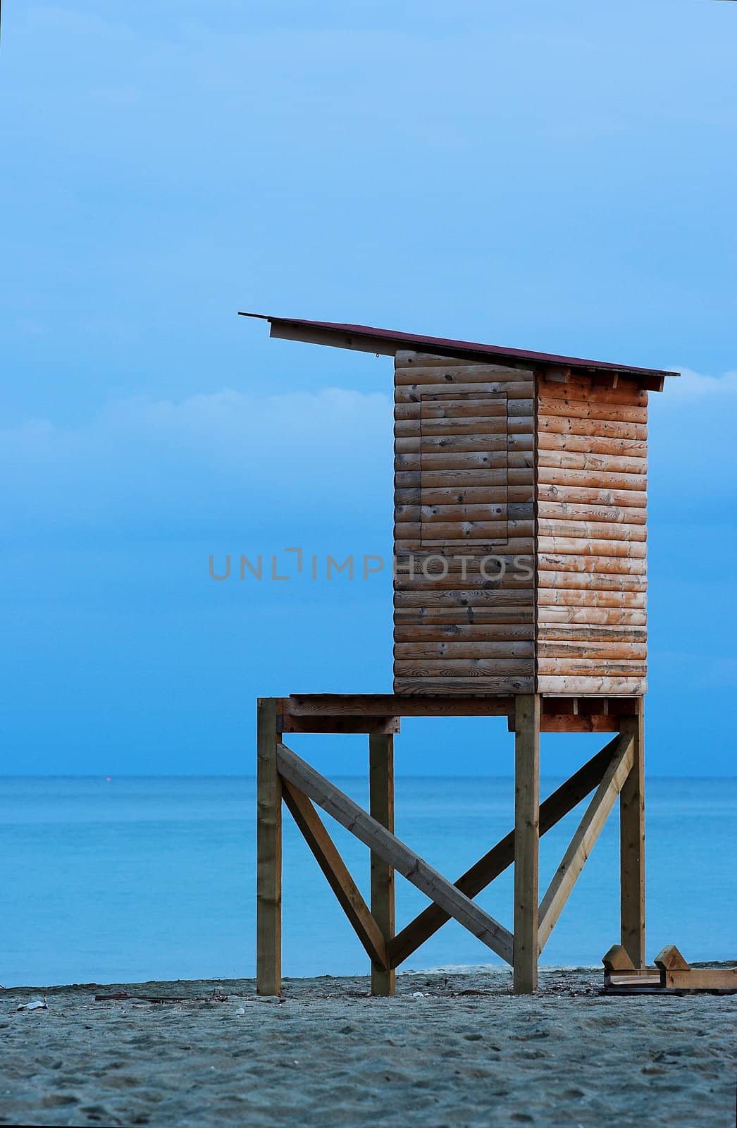 Life-guard's cabin during sunset in Paralia  Katerinis,Greece