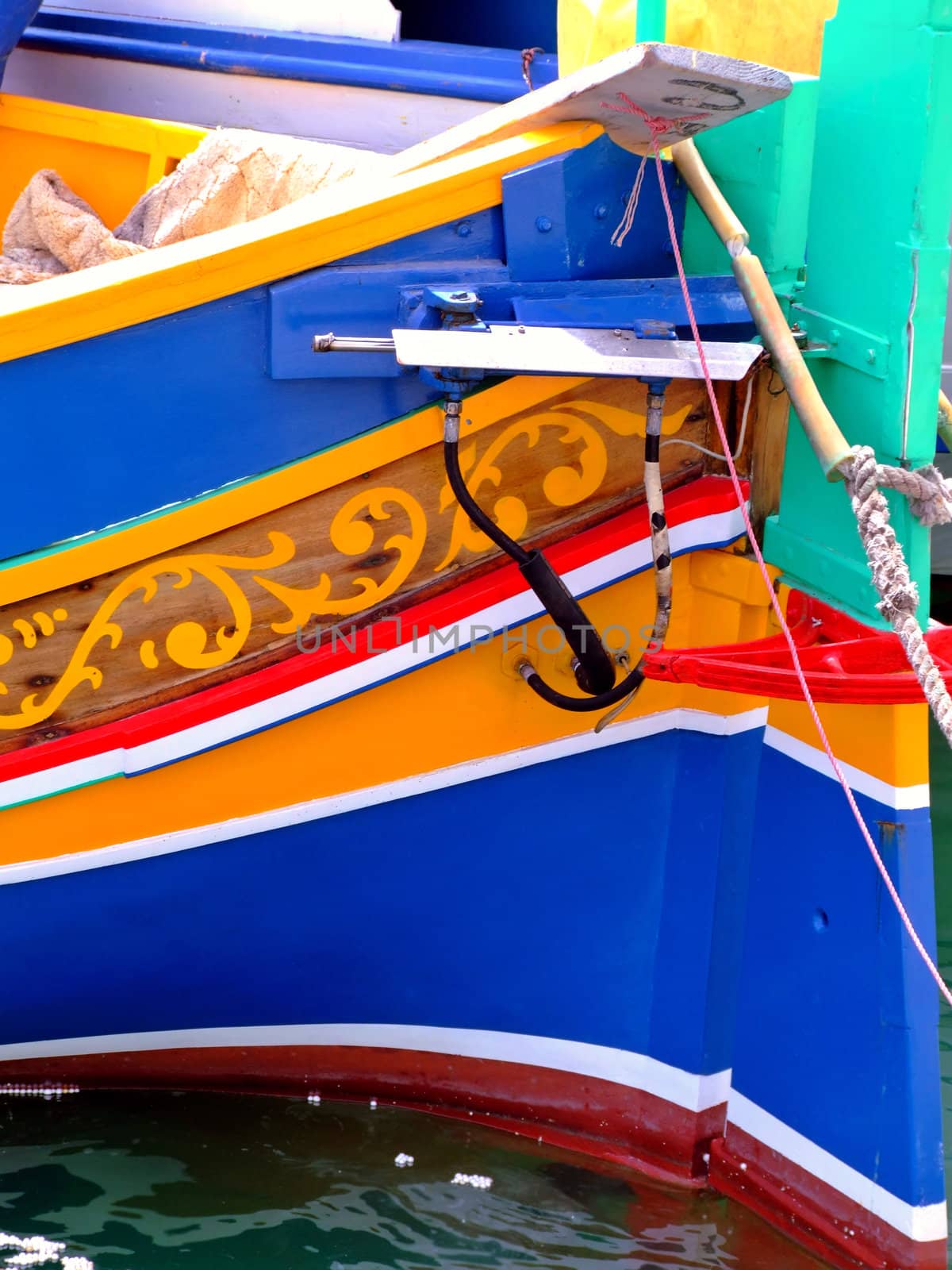 Traditional colors of the traditional Malta fishing boats, commonly known as luzzu or dghajsa - Rudder detail