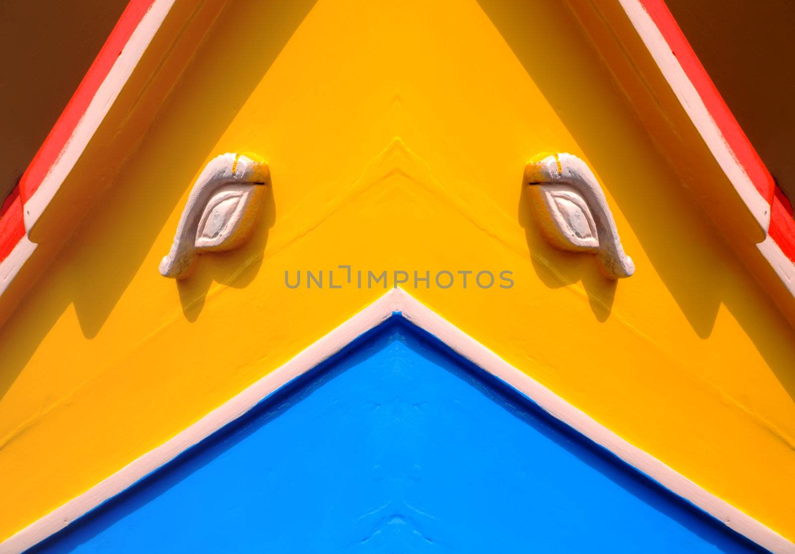 Traditional colors and eyes found on the traditional Malta fishing boats, commonly known as luzzu or dghajsa. The eyes are said to come down from Phoenician and Egyptian times.