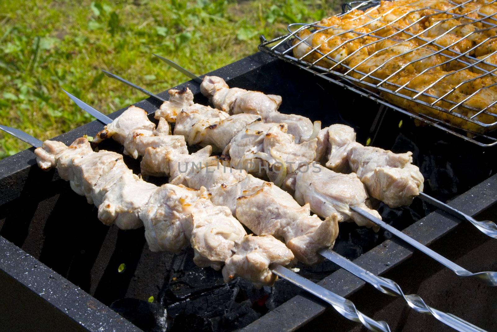 Appetizing shish kebab on the grill with metal skewers