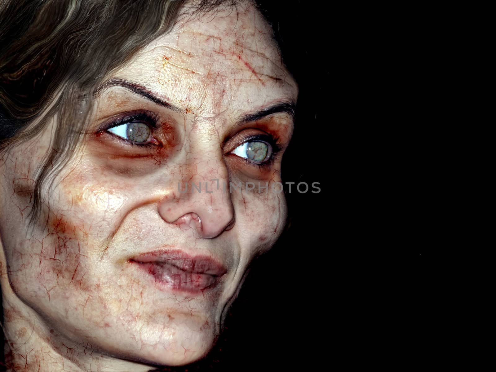 Portrait photo of a scary undead or zombie female human        