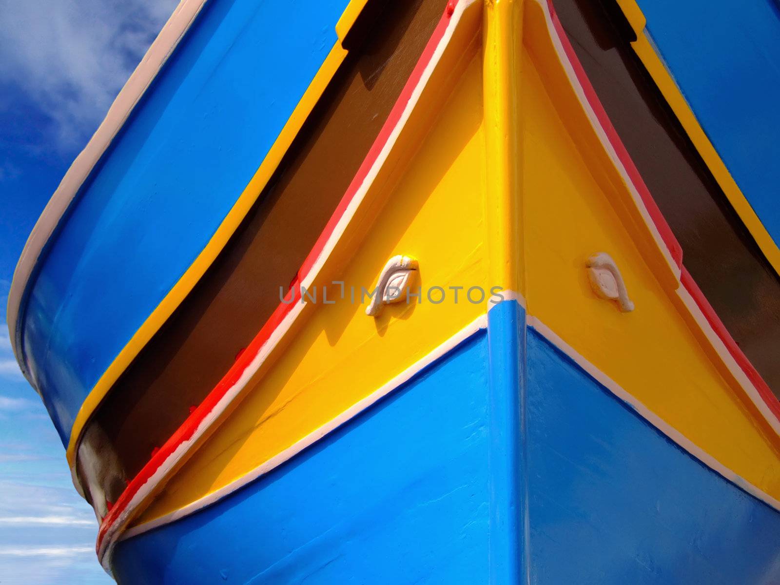 Traditional colors and eyes found on the traditional Malta fishing boats, commonly known as luzzu or dghajsa. The eyes are said to come down from Phoenician and Egyptian times.