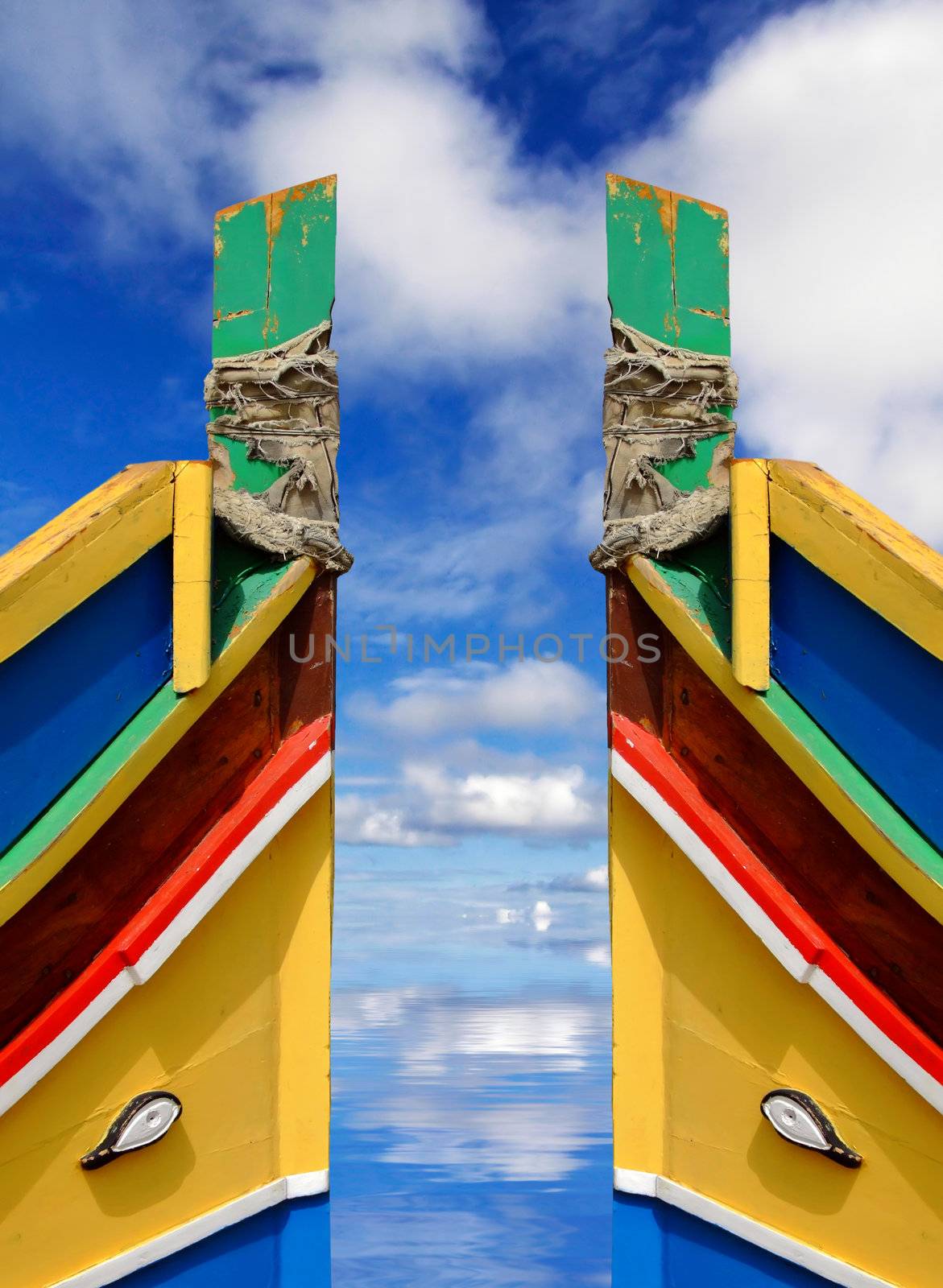 Traditional colors and eyes found on the traditional Malta fishing boats, commonly known as luzzu or dghajsa. The eyes are said to come down from Phoenician and Egyptian times.