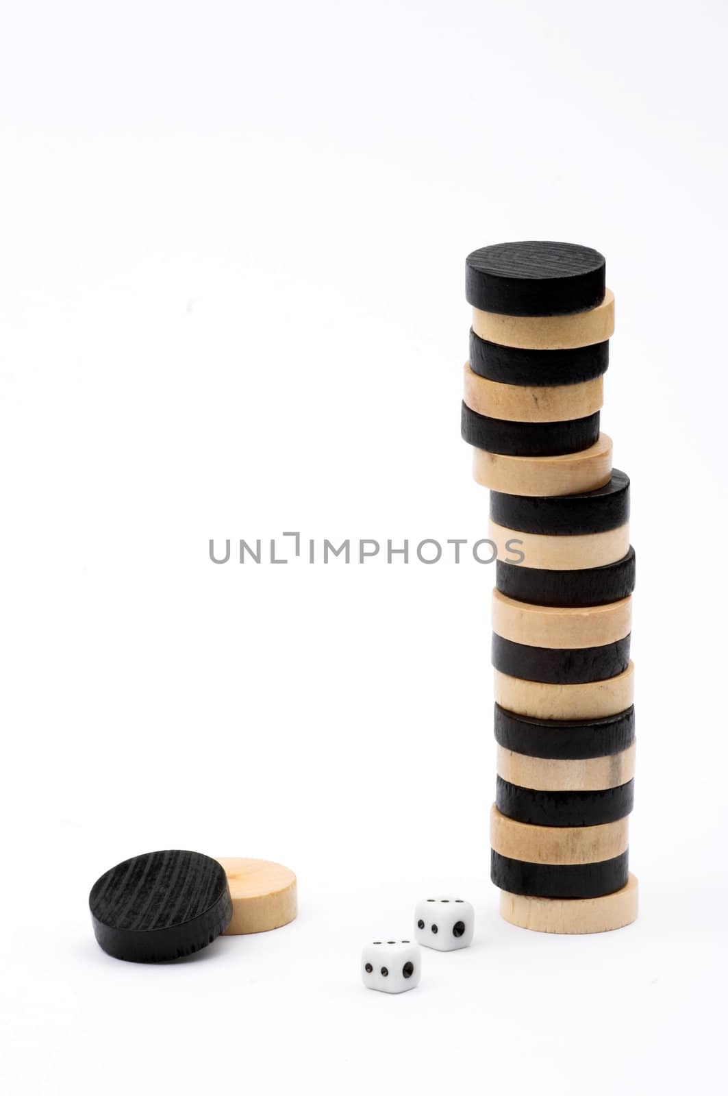Backgammon chips and dices isolated on white background