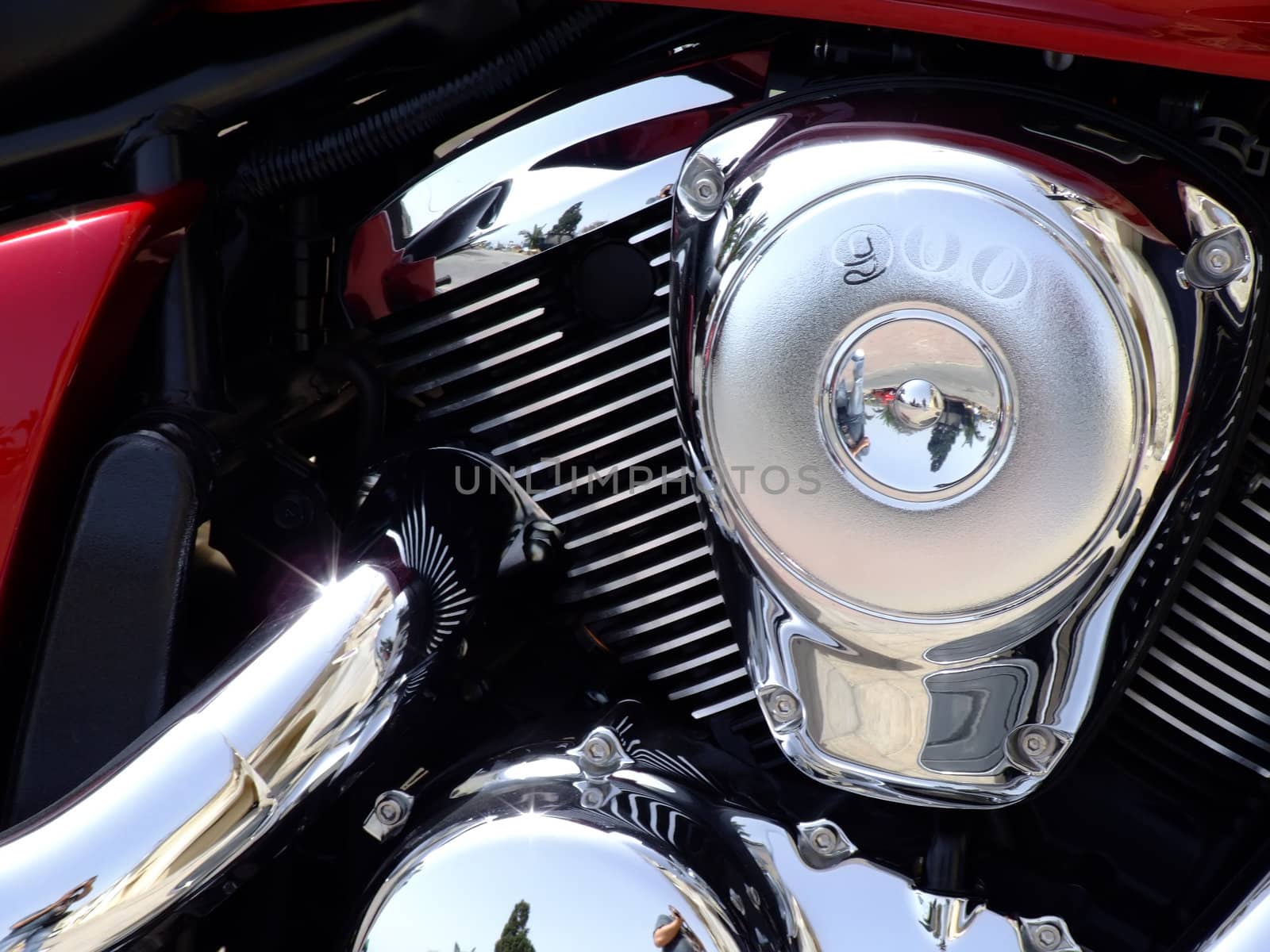 Custom bike V engine, showing off shining chrome and in tip top condition