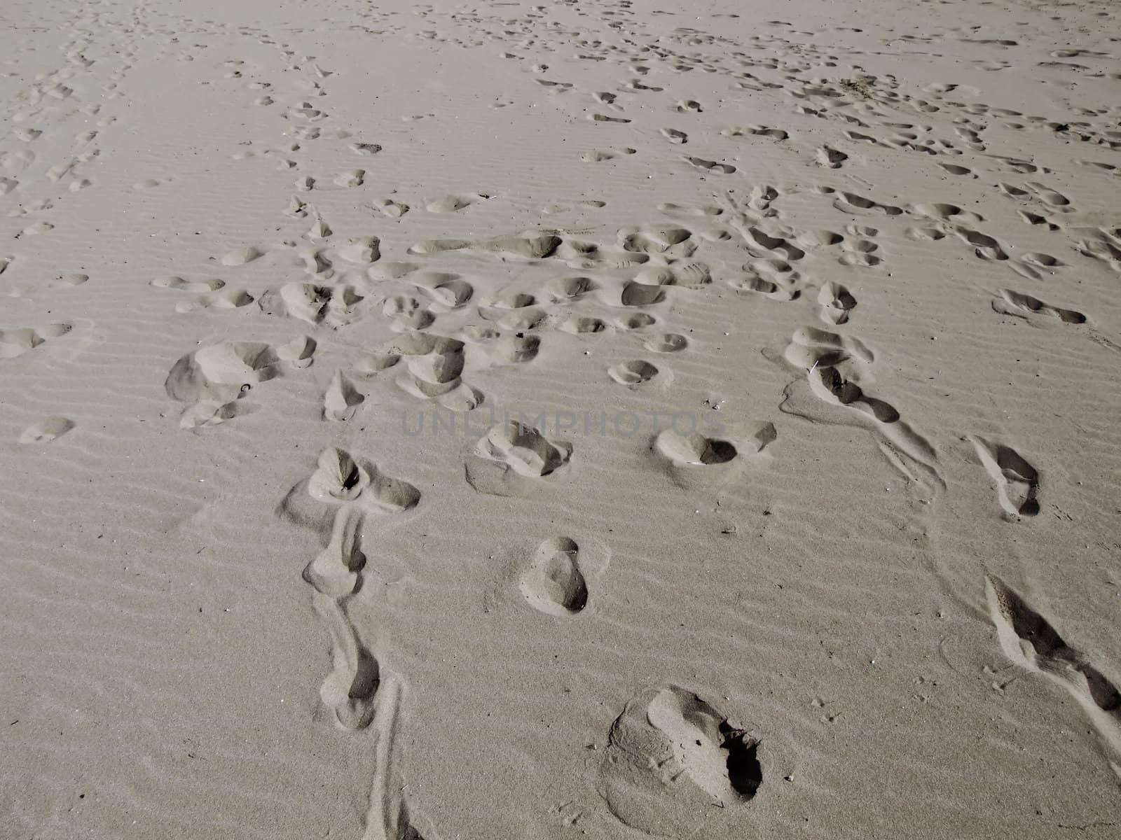 Eroded footprints in soft desert sand dunes