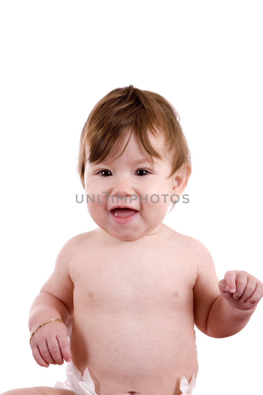 Little cute naked baby on white background