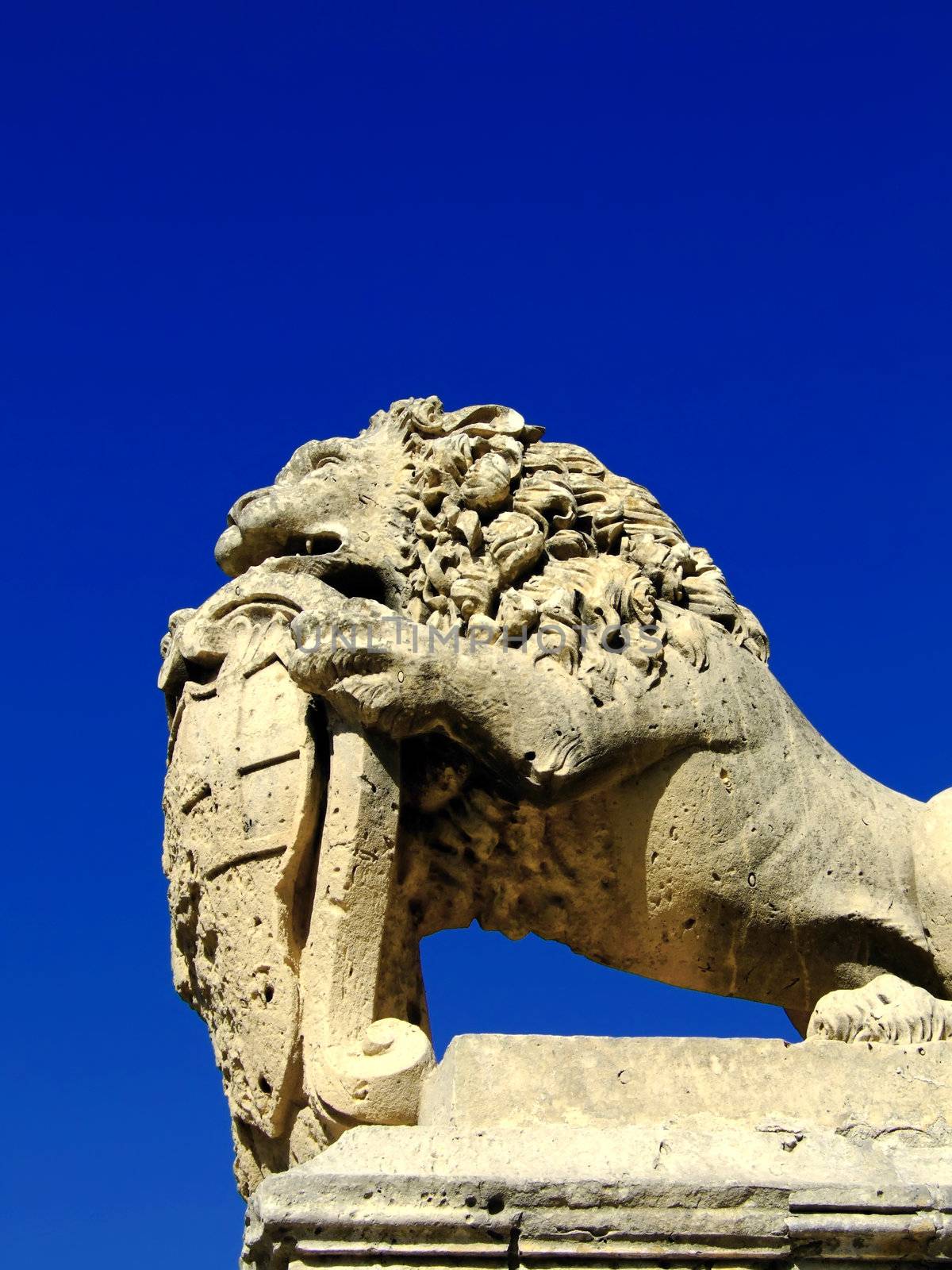 Medieval stone sculpture of lion guarding the gates of the old city of Mdina in Malta