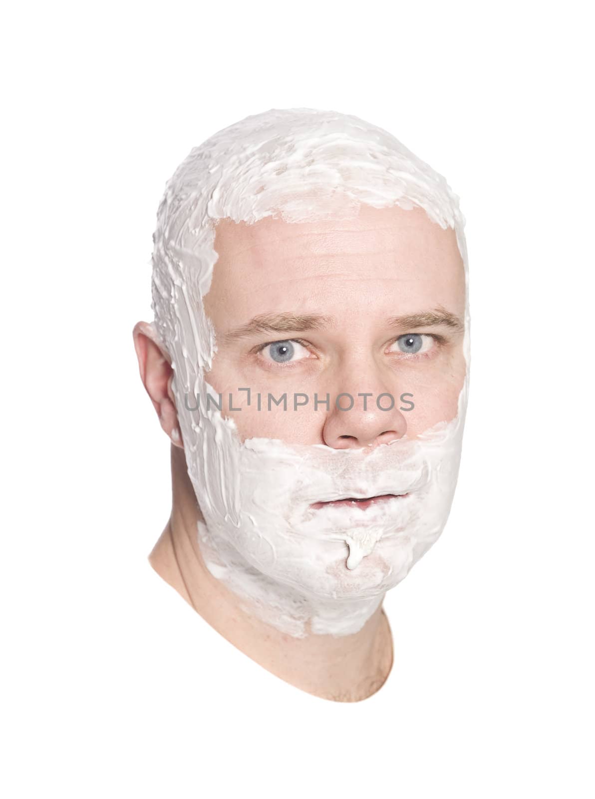 Man shaving his head isolated on a white background