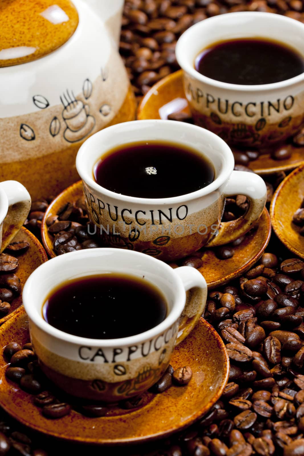 still life of coffee cups and coffeepot