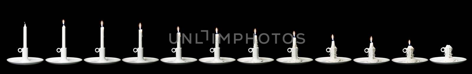 Candle burning down in 12 steps against a black background