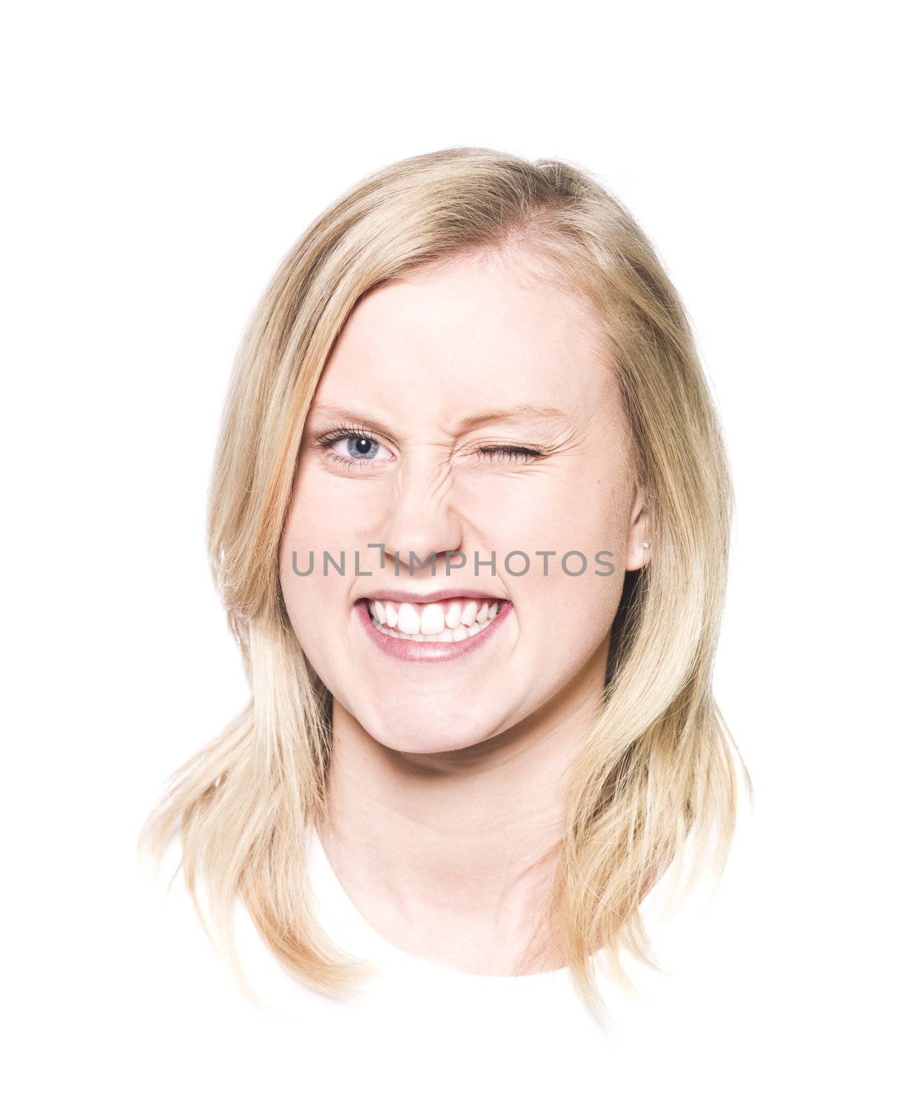 Young woman with one eye closed isolated on a white background