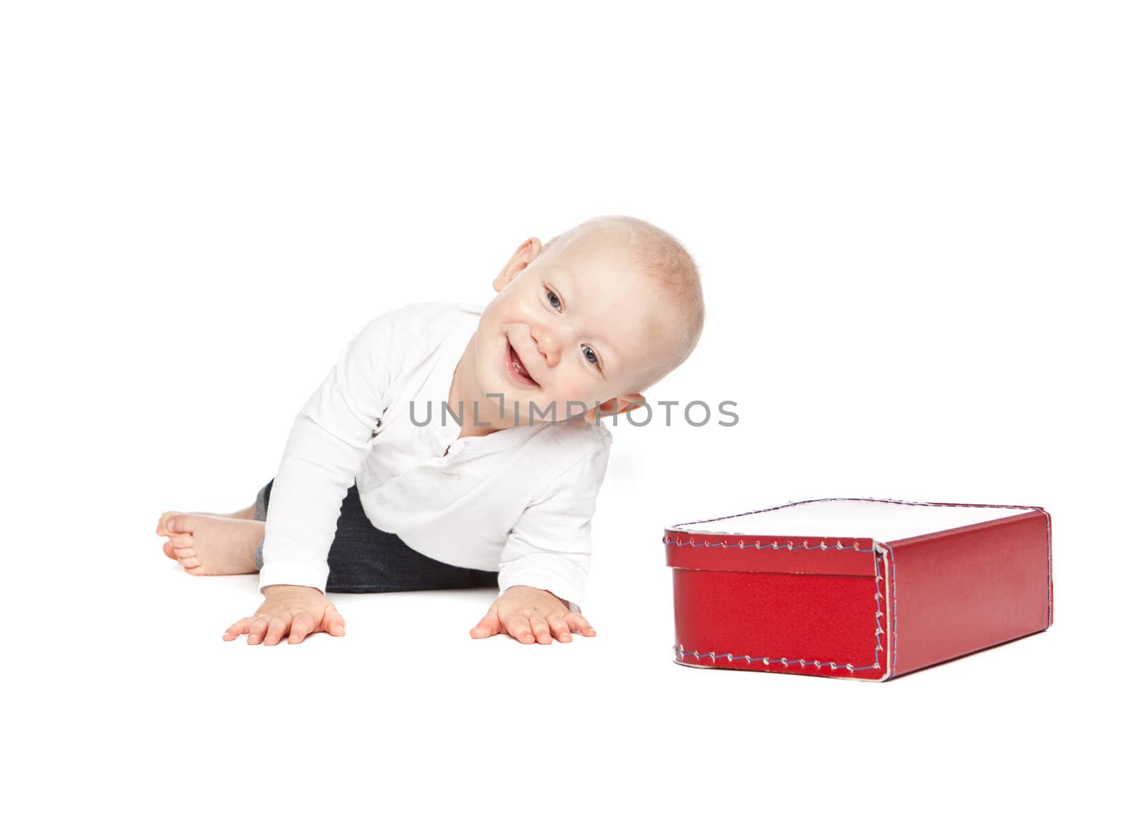 A boy and his red lunchbox isolated on a white background