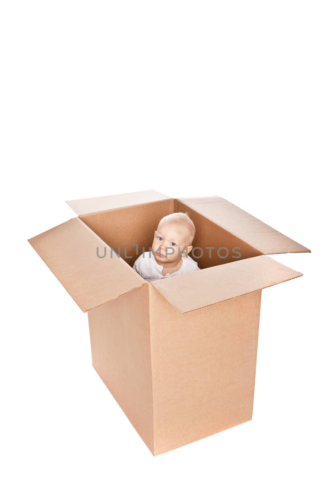 Baby boy in a box isolated against a white background