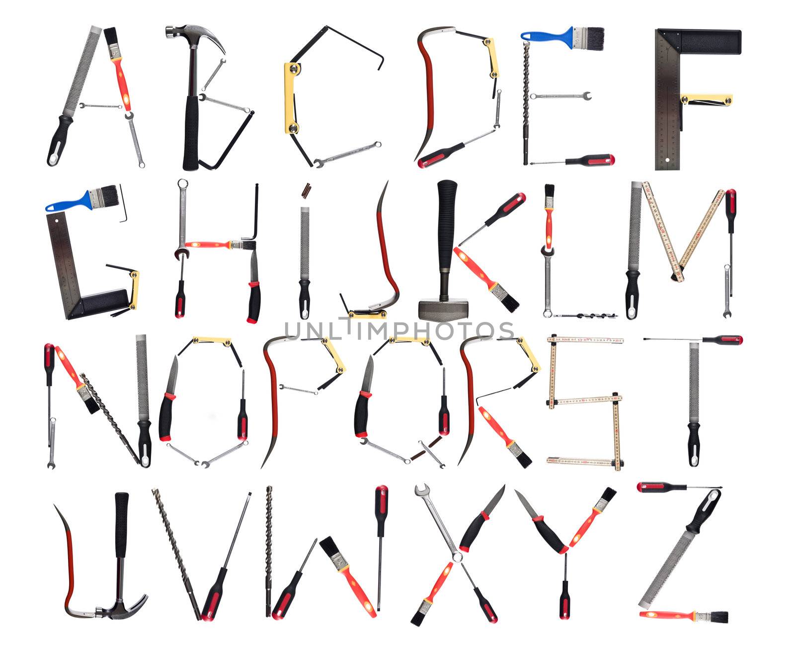 Tools forming the alphabet isolated against a white background