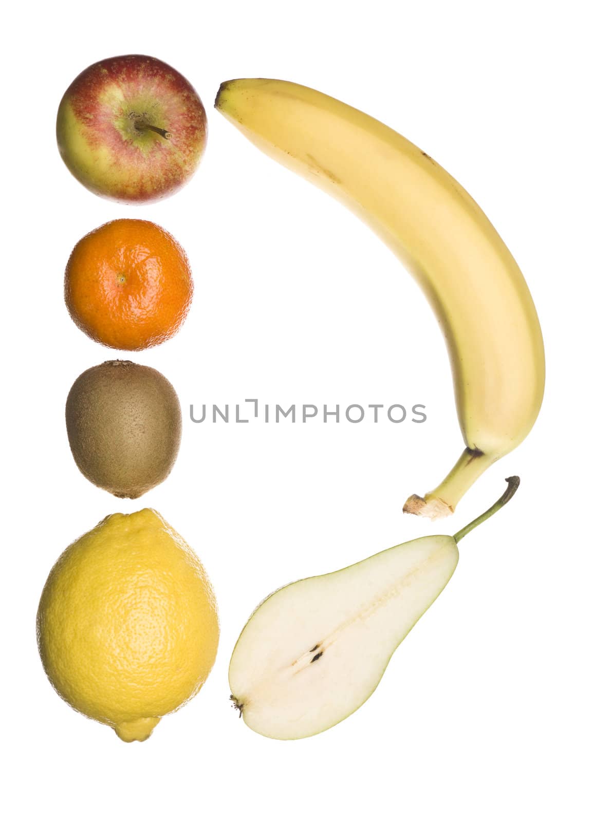 The letter 'D' made out of fruit isolated on a white background