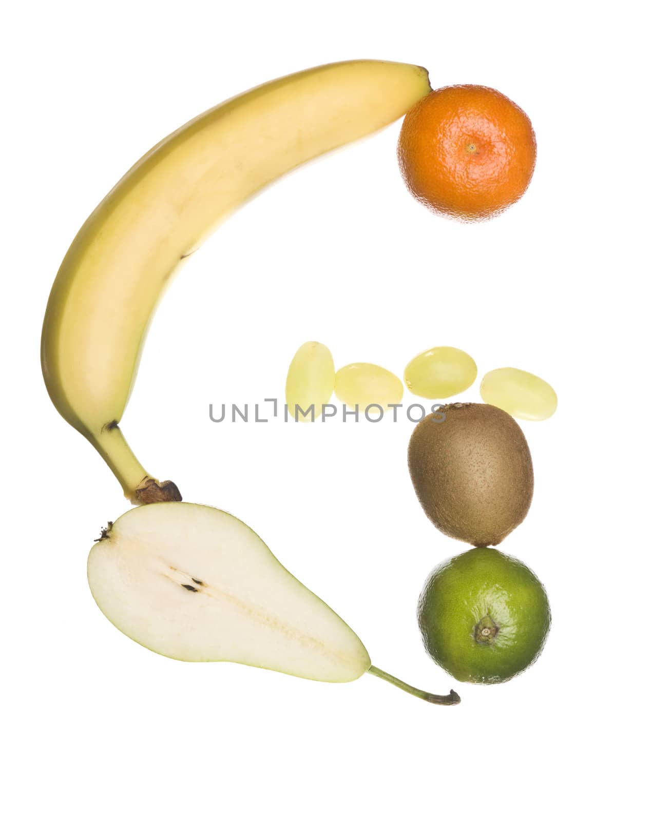 The letter 'G' made out of fruit isolated on a white background