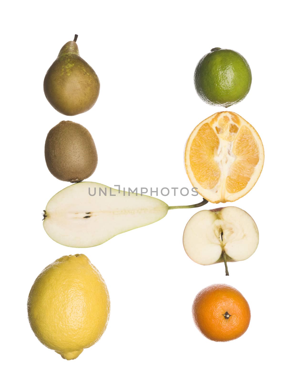 The letter 'H' made out of fruit isolated on a white background